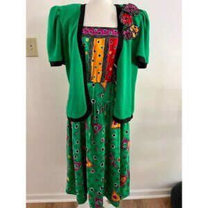 EUC Vintage Sicari Womans Dress & Cardigan Suit Set 100% Silk Green Multicolor